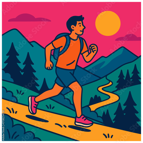 Trail Runner on Mountain Path at Sunset – Fitness Vector