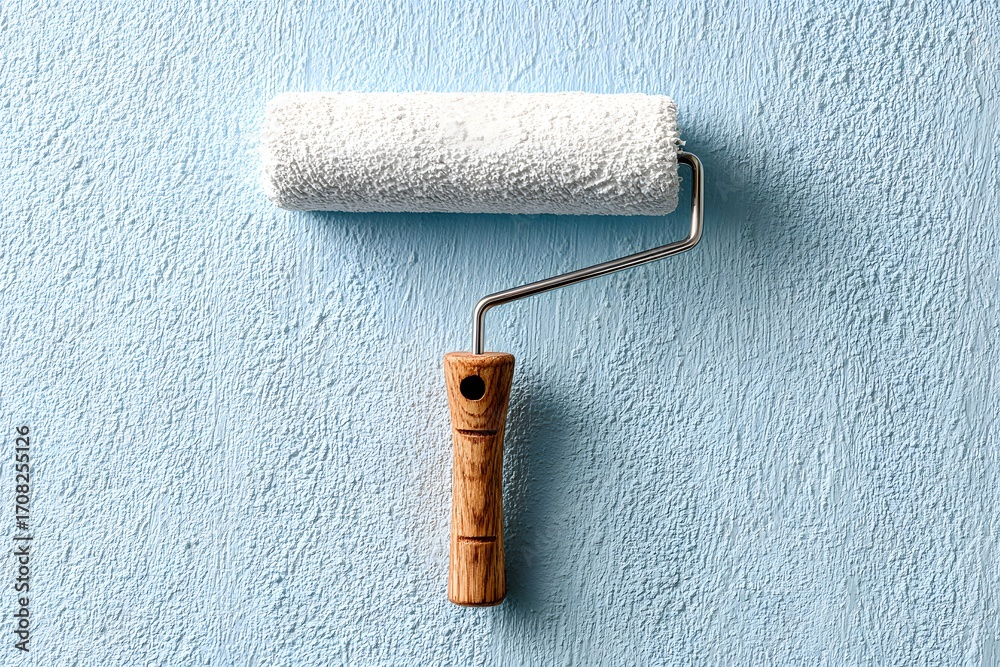 Obraz premium White roller on textured blue wall paint roller white paint