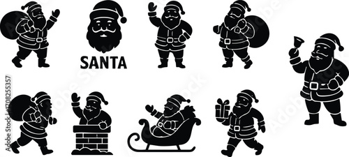 Santa Claus sis, gift giving, chimney climbing, sleigh riding, holiday graphics, vector illustration, waving Santa, bell ringing, seasonal clipart, black figures, joyful gestures