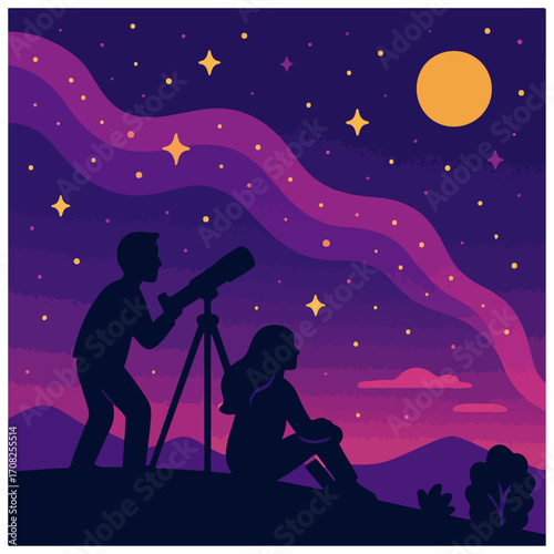 Stargazing Couple with Telescope — Milky Way Night
