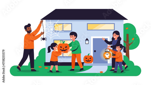 Halloween Family: a cheerful family decorating their home for Halloween, including carving pumpkins, and hanging decorations, portraying the fun and togetherness of the holiday.