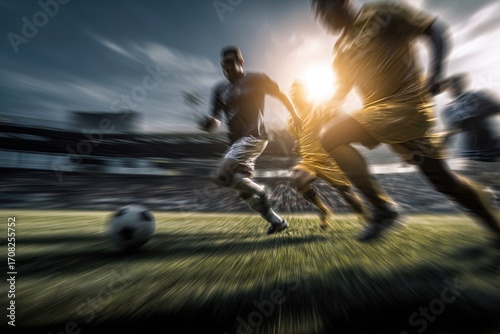 Two male soccer players sprinting on a field during a match. One player wears a dark jersey, the other in yellow. The sun sets in the background.