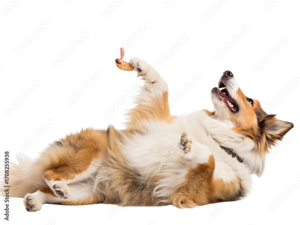 Obraz premium Happy Sheltie Dog Playing with Treat white background, isolated on transparent background