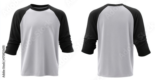 Front and back view of a light gray, crew-neck, 3/4 sleeve t-shirt with black raglan sleeves