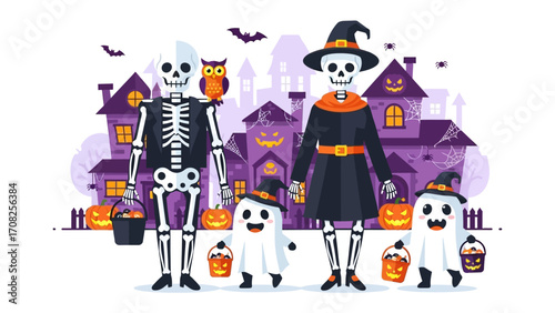 Halloween Celebration Illustration: An enchanting illustration unveils a spirited Halloween gathering, featuring a festive family of skeletons and spectral ghosts against a backdrop of a spooky town.