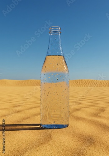 Bottle of water in a desert under a bright blue sky. Perfect for hydration, travel, sustainability, climate change, and environmental themes.