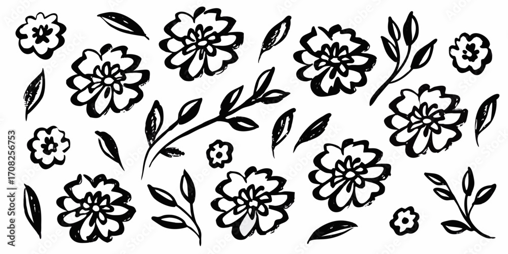 Fototapeta premium Hand-drawn black ink doodles of simple flowers.