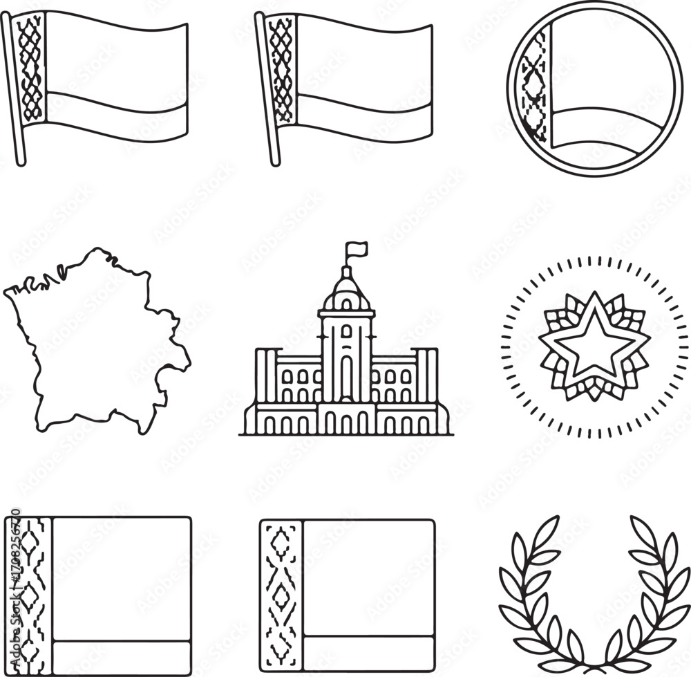 Fototapeta premium Hand-Drawn Belarus Flag and National Symbol Icon Pack with Landmarks, Map, Traditional Motifs, and Emblem
