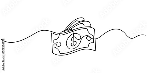 Continuous line, one banknote with dollar symbol in the center, money, financial business illustration. Continuous single one line drawing art of money paper. Editable outline