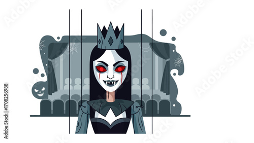 Puppet Queen's Grasp: An intriguing vector illustration reveals a puppet queen with an uncanny, captivating, gaze. Behind the enigmatic queen lies a shadowy theater, shrouded in mystery.