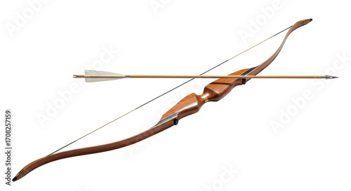 Isolated recurve bow with an arrow, wood laminate limbs, string, hunting, target practice