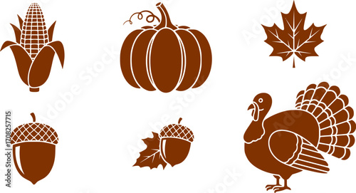 Thanksgiving glyph icon collection, corn, pumpkin, turkey, acorn, and leaf symbols for holiday designs