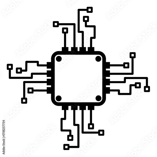 Stylized line art illustration of a central processing unit (CPU) chip, symbolizing AI, computing, and electronic innovation