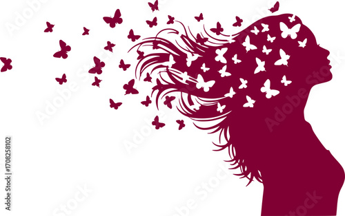 Vector silhouette of a woman's slim body with flying butterflies, representing feminine beauty, freedom, and inner transformation.
