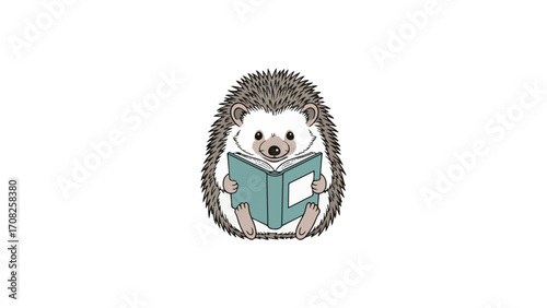 Cute cartoon hedgehog sitting and happily reading a book, isolated on white.