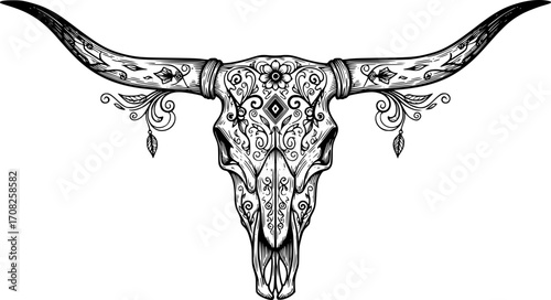 Detailed linework longhorn steer skull western americana rustic animal skull art vector
