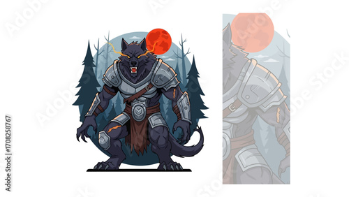 Werewolf in Armor: A fierce werewolf in gleaming armor stands boldly against the backdrop of a towering, mystical forest, emanating a captivating aura of strength and power.