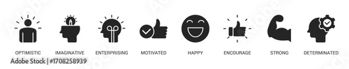 Think Positive Glyph Icon Set. Vector Illustration Concept With Some Icons. Designed In Glyph Style