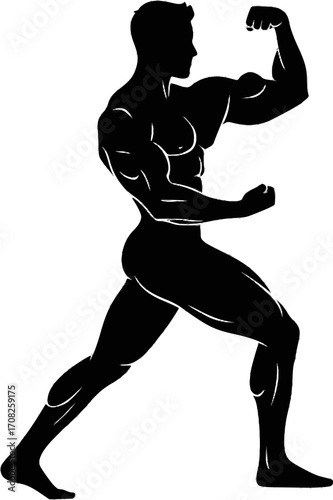 Silhouette of muscular bodybuilder posing flexing biceps and legs athletic build vector