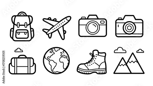 Set of travel and adventure line icons with backpack, camera, globe, boots and mountains
