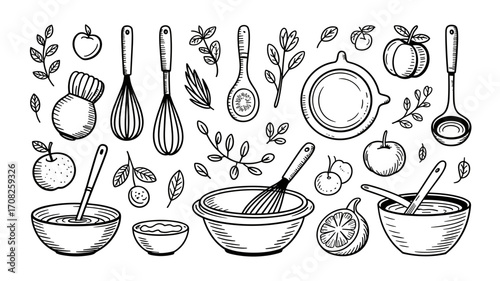 Vector illustration of kitchen utensils, bowls, fruits and herbs in hand drawn line art style
