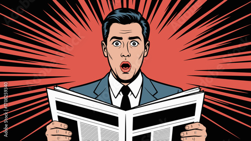 Pop art vector illustration of shocked man reading newspaper with surprised expression
