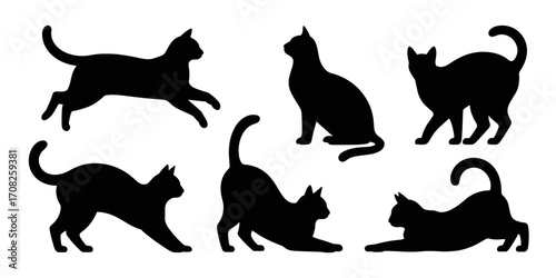 Vector illustration of cats in different poses and movements in silhouette style
