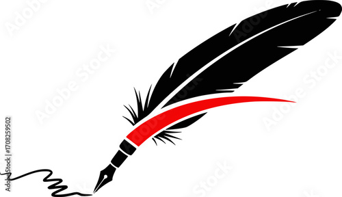 Black feather quill pen with a red swoosh, writing, creativity, education, author, poetry, literature