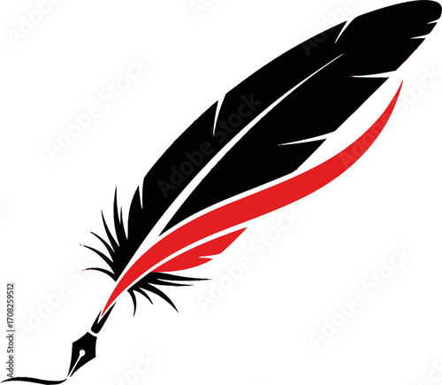 Black feather quill pen with a red swoosh, writing, creativity, education, author, poetry, literature