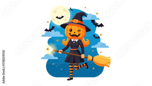 Spooky Witch and Magical Night: An enchanting illustration depicts a friendly witch with a jack-o'-lantern head, brandishing a magic wand and riding a broom across a night sky.