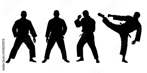 Vector illustration of martial arts fighters in action poses in silhouette style
