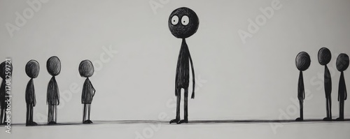Minimalistic stick figures standing apart outdoors.