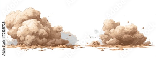 Two large clouds of beige dust or sand erupting from the ground
