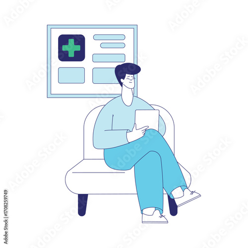 Medicine with Man Patient Wait in Hall Sit on Sofa Vector Illustration