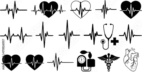 Set of heartbeat pulse heart pulse silhouette vector illustration. Medical cardiology symbols and health monitoring icons