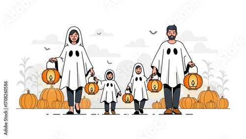 Ghostly Halloween Family: A family dressed as ghosts, illuminated by lanterns, gathers in front of pumpkins, evoking the enchantment and spookiness of Halloween night.