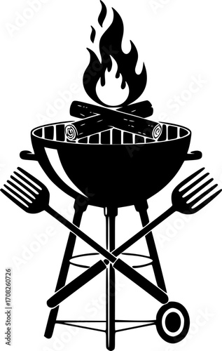 Barbecue grill utensils flames crossed firewood cooking food outdoors summer vector