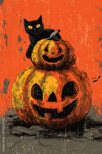 Black cat perched on stacked pumpkins against a vibrant orange background for Halloween
