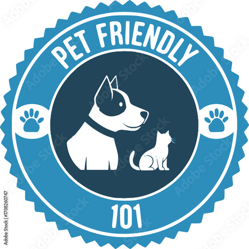 Circular pet friendly badge emblem with dog and cat icons blue stamp vector