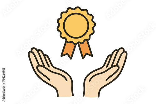 Hands holding golden award medal. Recognition and achievement concept. Quality guarantee symbol. Success, victory, and prize icon for web and graphic design. Best choice vector.
