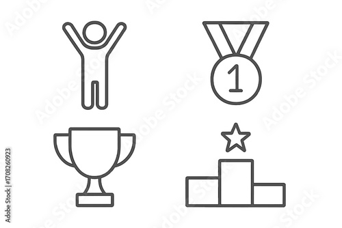 Winner and success outline icon set. Victory, achievement, and competition concept. First place medal, champion trophy, awards podium. Simple linear vector illustration collection.