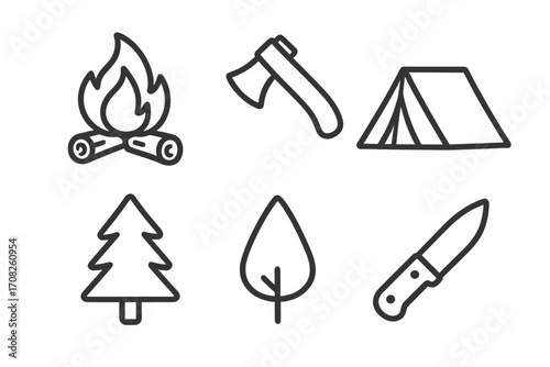 Camping and hiking icon set with bonfire, axe, tent, tree, knife. Outdoor adventure and survival gear line art. Vector illustration for nature and forest exploration concepts.