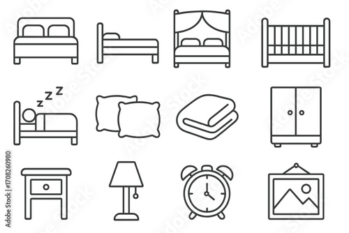 Bedroom furniture and sleeping thin line icon collection. Vector symbols for web and app design. Set includes bed, pillow, lamp, nightstand, wardrobe, crib, and clock.