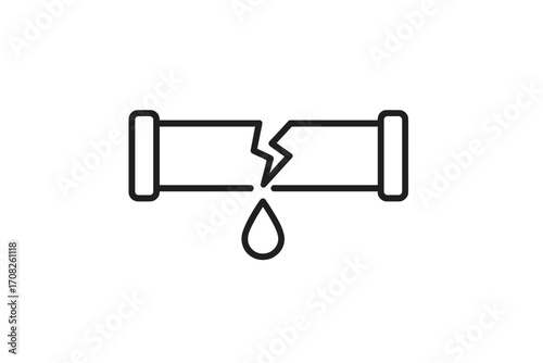 Broken pipe icon with a water drop. Plumbing problem, burst pipeline, and leakage concept. Water leak damage idea. Simple line art vector illustration for emergency repair service.