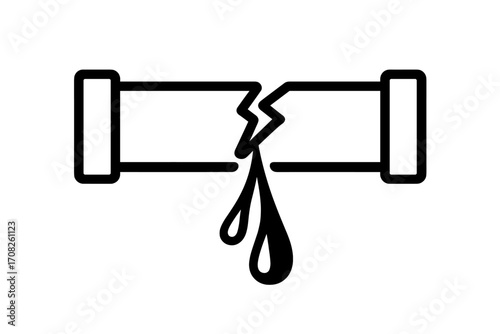 Broken pipe icon with water leak. Damaged pipeline symbol. Concept of plumbing emergency, leakage problem, water damage, burst pipe repair service. Vector illustration.