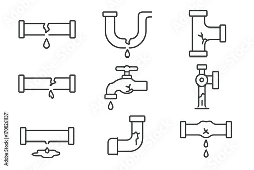 Broken pipe and water leak line icon set. Plumbing problems vector icons. Leaking pipeline, dripping faucet, cracked tube, burst pipe. Water damage and repair symbol.
