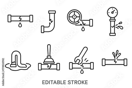 Broken pipes thin line icon set. Plumbing problems, water leak, and burst pipe symbols. Plumber service for repair and maintenance concept. Editable stroke vector illustration.