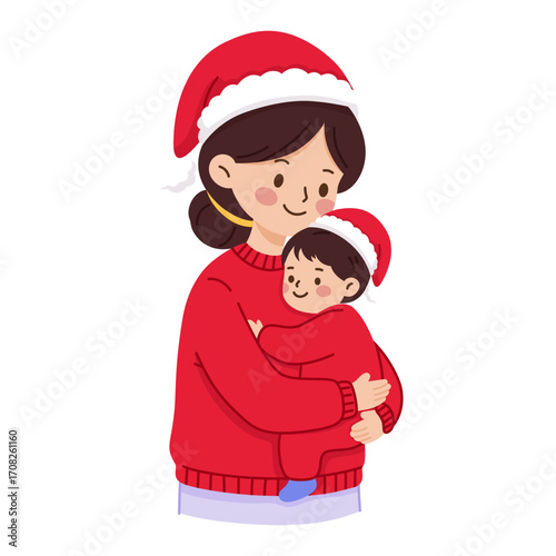 Mother hugs son on Christmas Day illustration 
