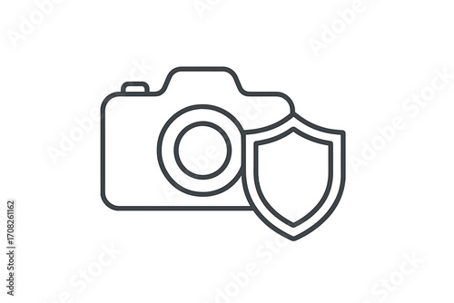 Camera and shield line icon. Photo equipment insurance, photography warranty, or picture data privacy concept. Vector illustration for digital security and copyright protection.