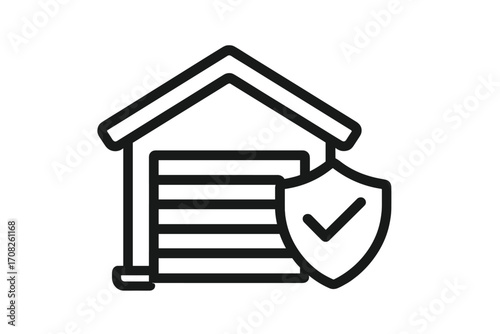 Garage security line icon. Warehouse protection vector symbol. Secure storage concept. Property insurance and safety. Shield with check mark. Asset protection pictogram.